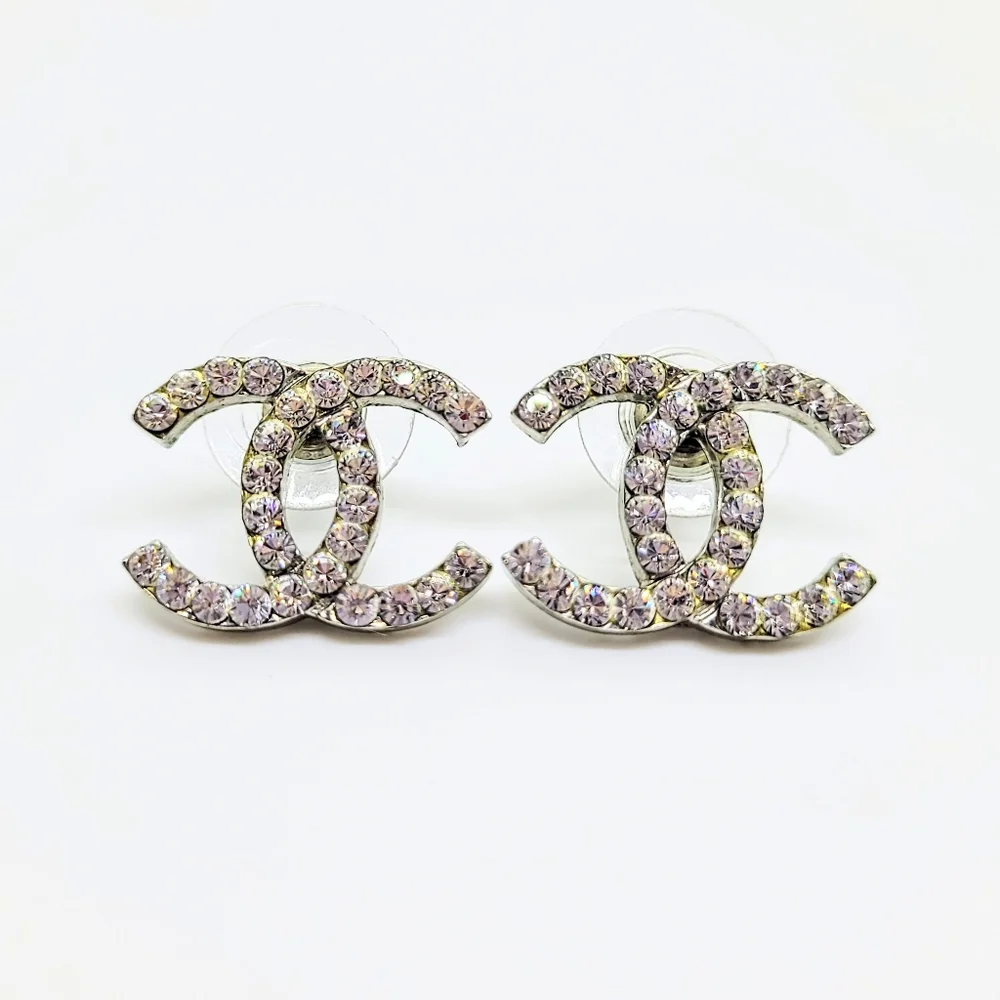 CHANEL Silver Large Crystal CC Classic Earrings